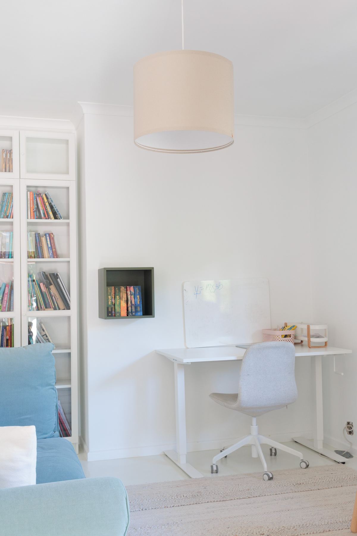 Upstairs study corner with a desk and bookshelf